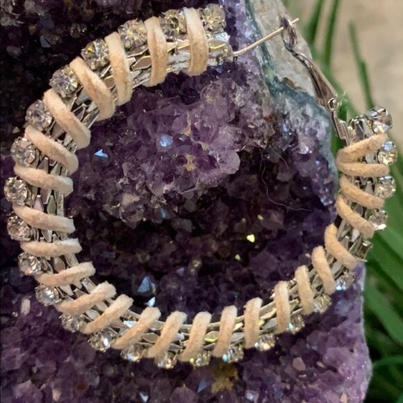 Silvertone Hoop Post Earrings Rhinestone and Leather Wrap Hinged Snapback - Picture 2 of 6